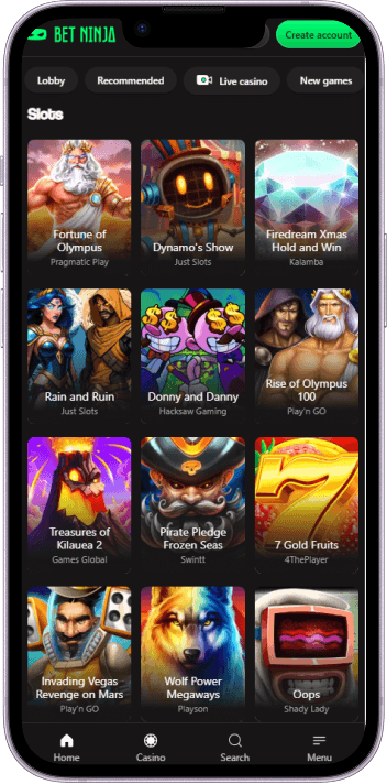 Bet Ninja Casino game selection and lobby overview