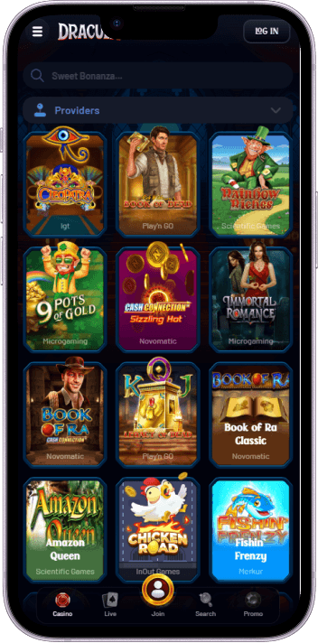 Dracula Casino game selection and lobby overview