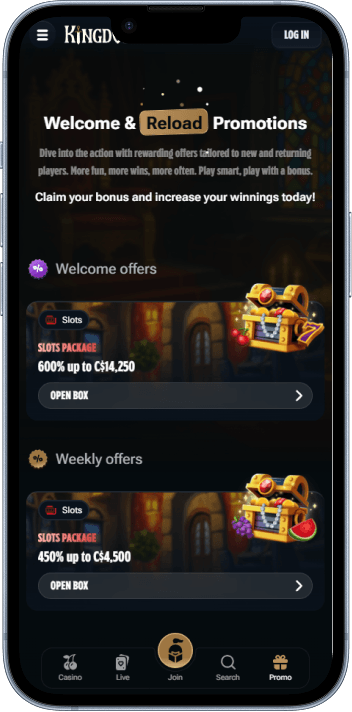 Kingdom Casino welcome bonus and promotions page
