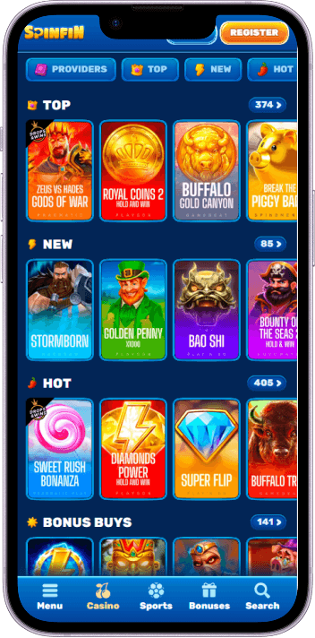 SpinFin Casino game selection and lobby overview