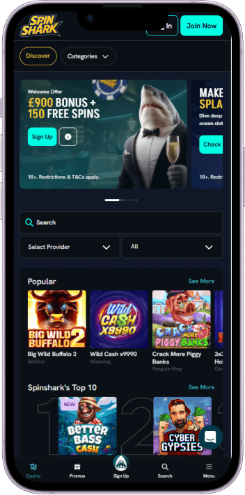 SpinShark Casino game selection and lobby overview
