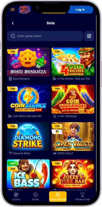 VeryWell Casino game selection and lobby overview