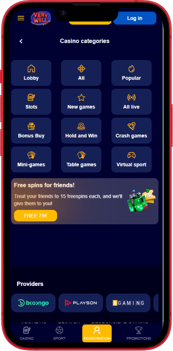 VeryWell Casino mobile casino experience on smartphone