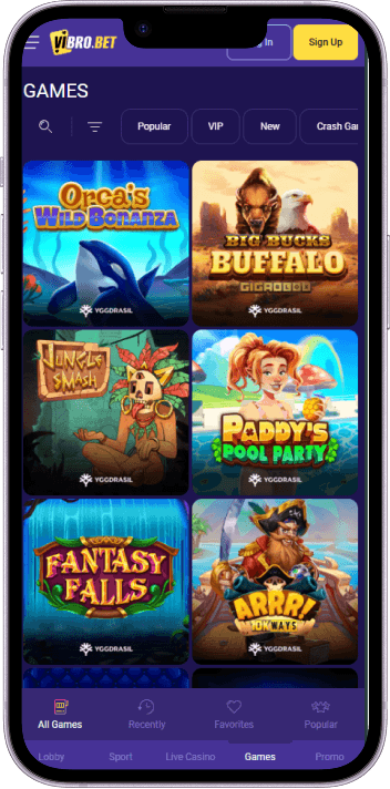 VibroBet Casino game selection and lobby overview