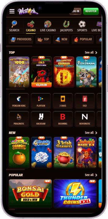 WestAce Casino game selection and lobby overview