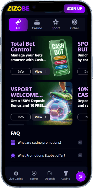 Zizobet Casino welcome bonus and promotions page